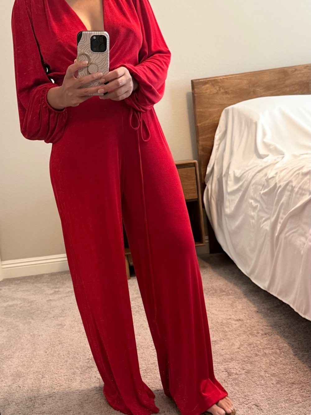 Red V-Neck Wide-Leg Jumpsuit with Tie Waist